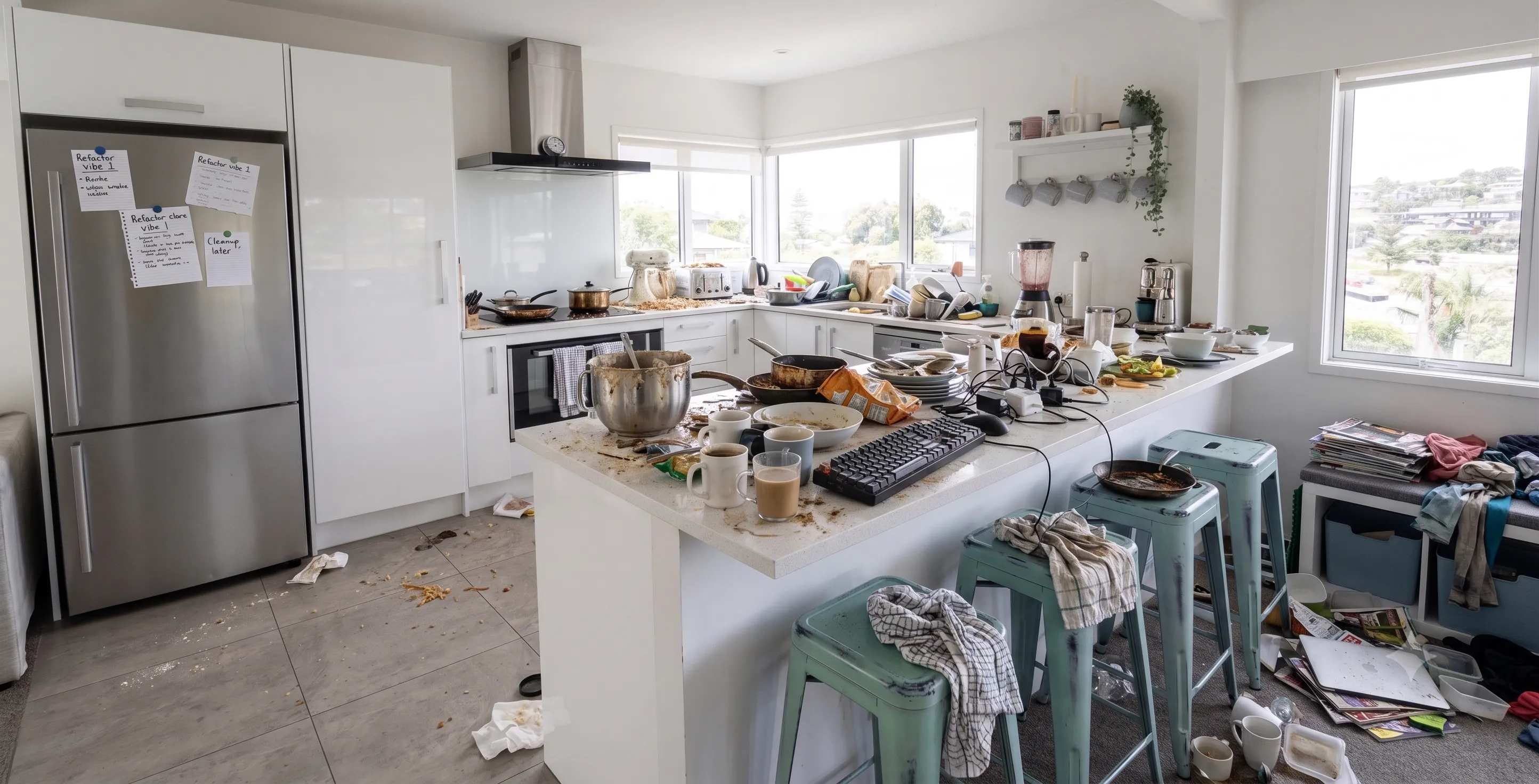 A photograph of a kitchen in disarray: dirty pans, stacked plates, spilled food across the counter and floor, a keyboard among the mess, and sticky notes on the fridge reading 'Refactor' and 'Cleanup later'. A visual metaphor for a codebase after shipping without cleaning up.