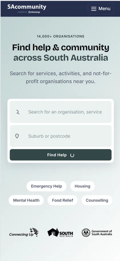 The redesigned SAcommunity.org site on mobile: the same search-first layout in a dark navy header with a hamburger menu, condensed to a single column for a phone screen.