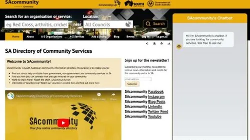 SAcommunity directory home page with the chatbot panel open, greeting the user