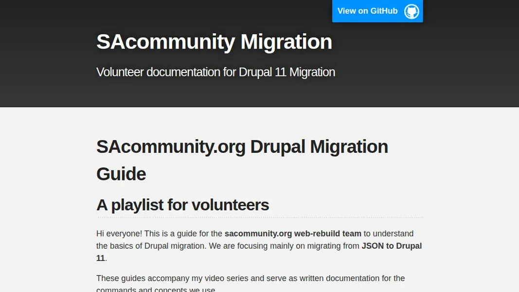 Home page of the SAcommunity Drupal Migration Guide blog, introducing a guide for volunteers